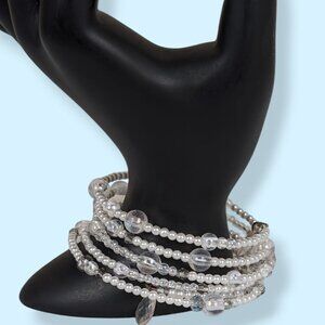 (2/$20) White & Clear Beaded Memory Wire Bracelet
